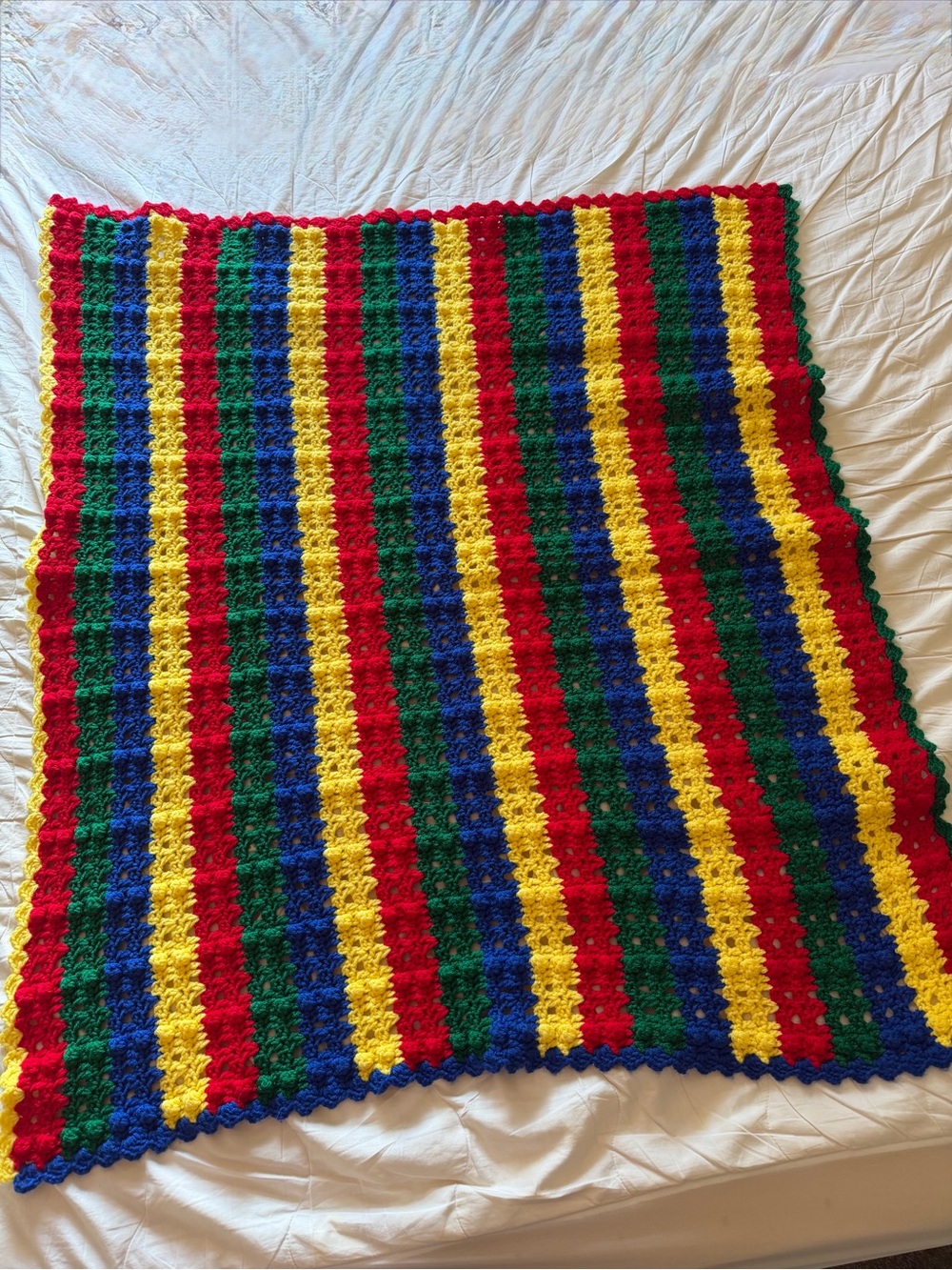 Vintage Handmade Crocheted Afghan Blanket Primary Color Block Popcorn Stitch 37.